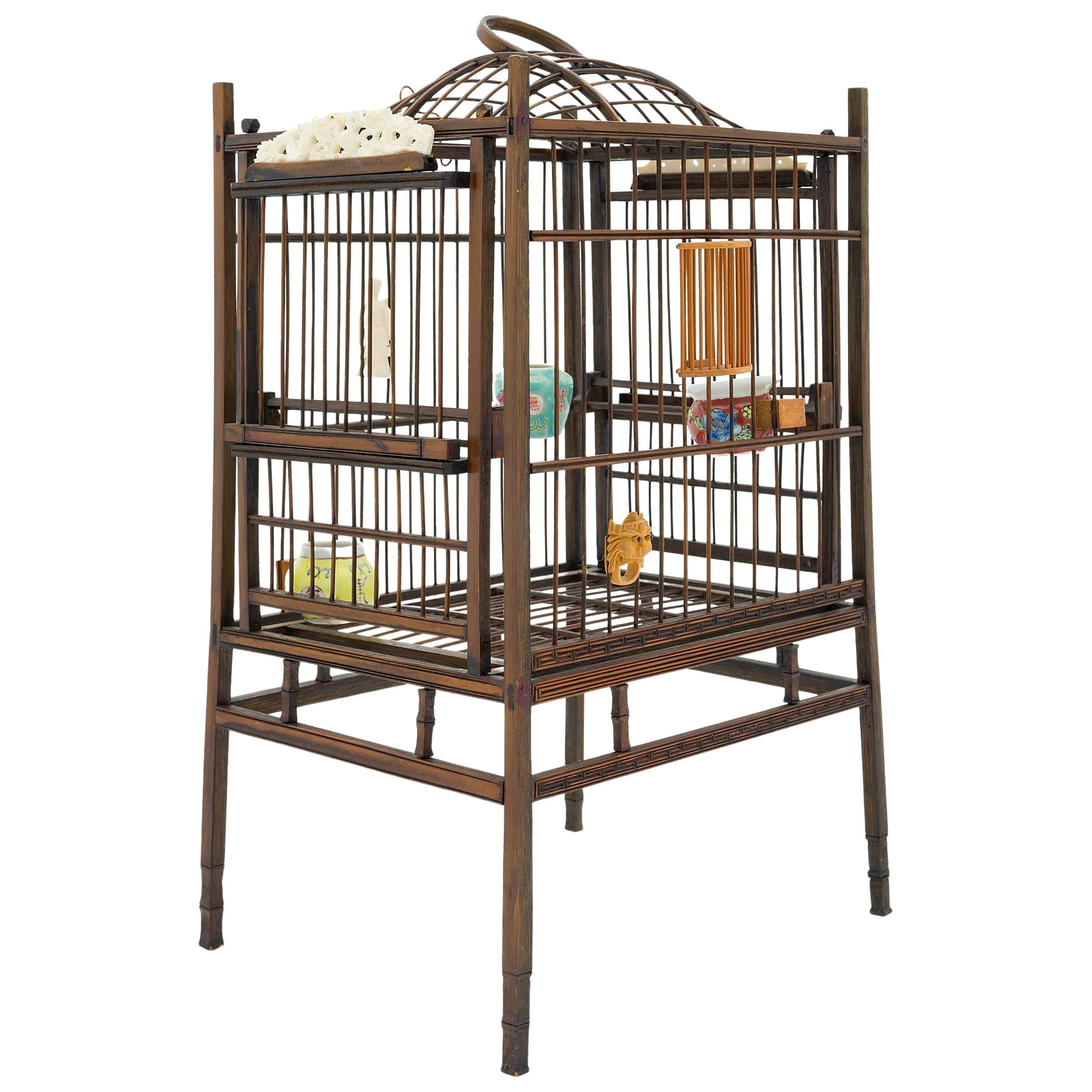 Tall Chinese Bamboo Birdcage with Cricket Cage, circa 1900