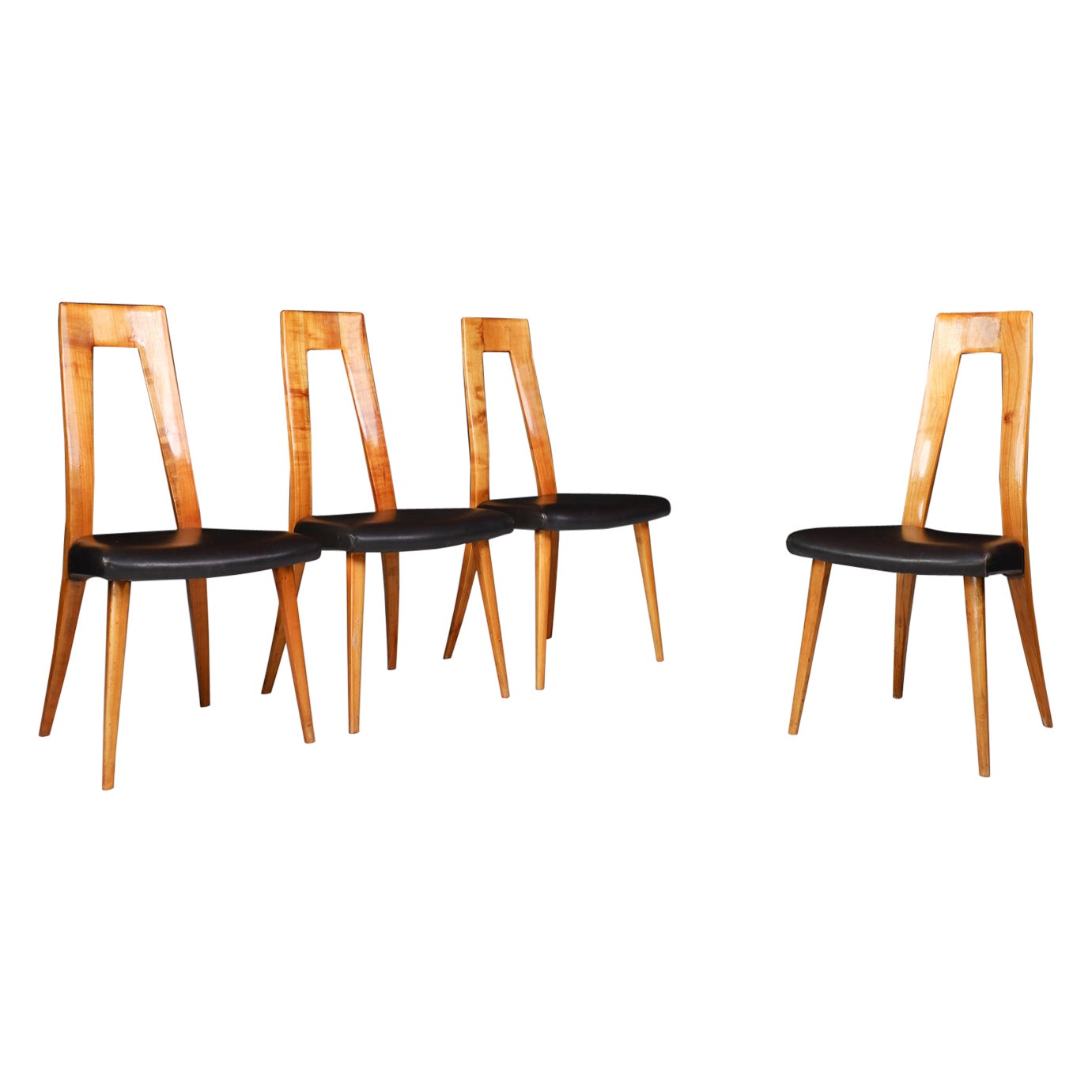 Ernst Martin Dettinger Cherry Wood and Black Leather Dining Chairs Germany 1960 For Sale