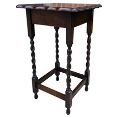 Antique English Dark Oak End Table Barley Twist Pie Crust Edge Square Side Table