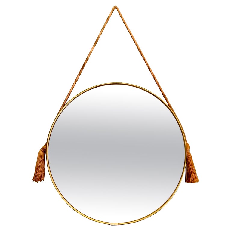 MidCentury Modern Round Brass Wall Mirror with Tassels, Italy, 1950s