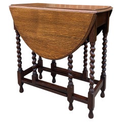 Antique English Table Drop Leaf Gateleg Barley Twist Oak Medium End Table Oval
