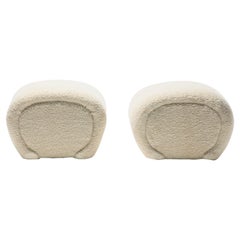 Pair of Custom Post Modern Karl Springer Style Ottomans in Ivory White Bouclé 