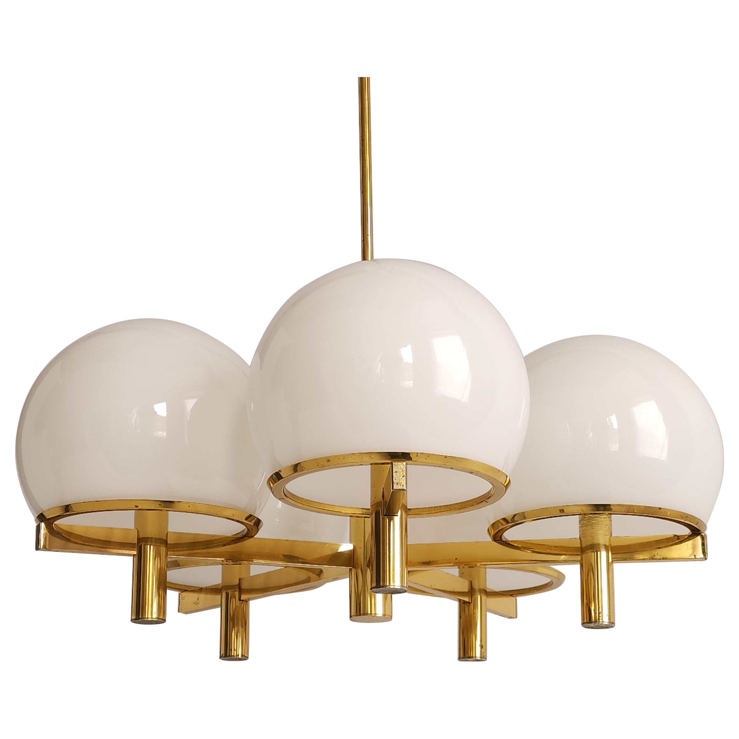 1970s Sciolari 5 Arm Brass Chandelier with Huge Glass Shade, Italy  For Sale
