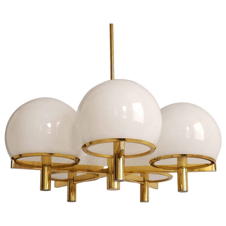 1970s Sciolari 5 Arm Brass Chandelier with  Oversize Glass Shade, Italy  For Sale