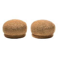 Pair of Directional Post Modern Poufs Ottomans in Curly Camel Teddy Bear Fabric