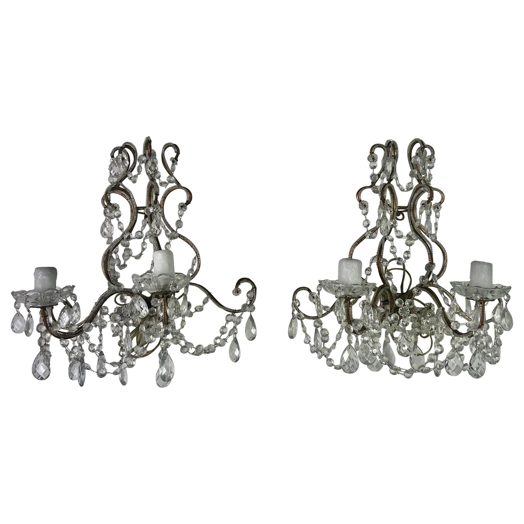 Pair of 2-Light French Crystal Sconces, circa 1930s