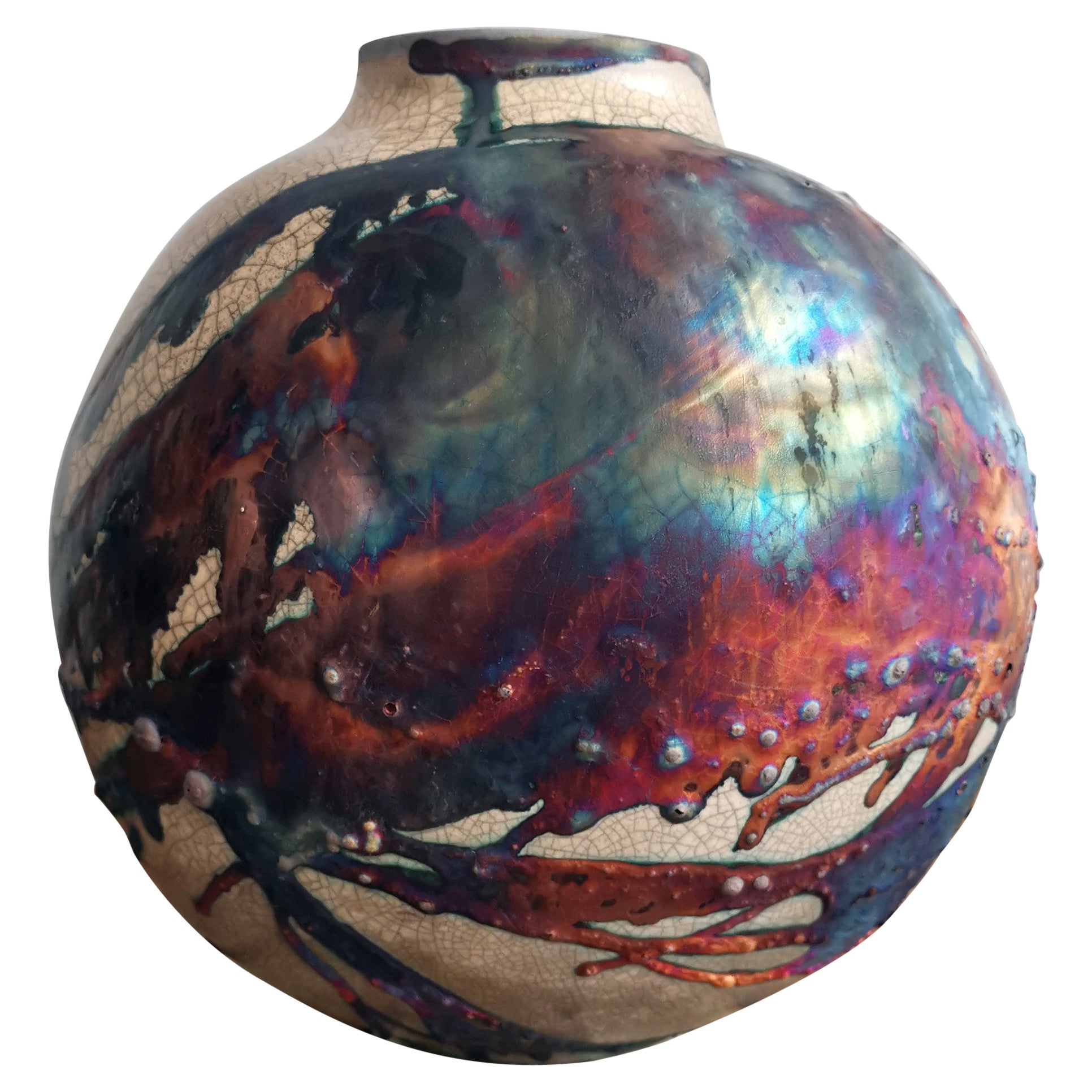 Raaquu Raku Fired Large Globe Vase S/N0000570 Centerpiece Art Series