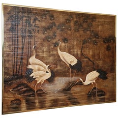 Large Decorative Oil on Canvas Painting with Crane Birds