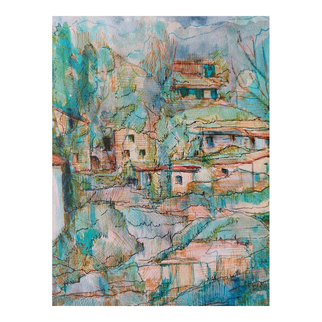 20th Century French Modernist Cubist Painting Labbe, Hill Village
