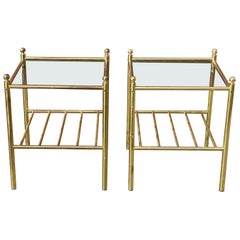 Vintage Set of Italian 1980s Mid-Century Modern Nightstands in Brass and Glass