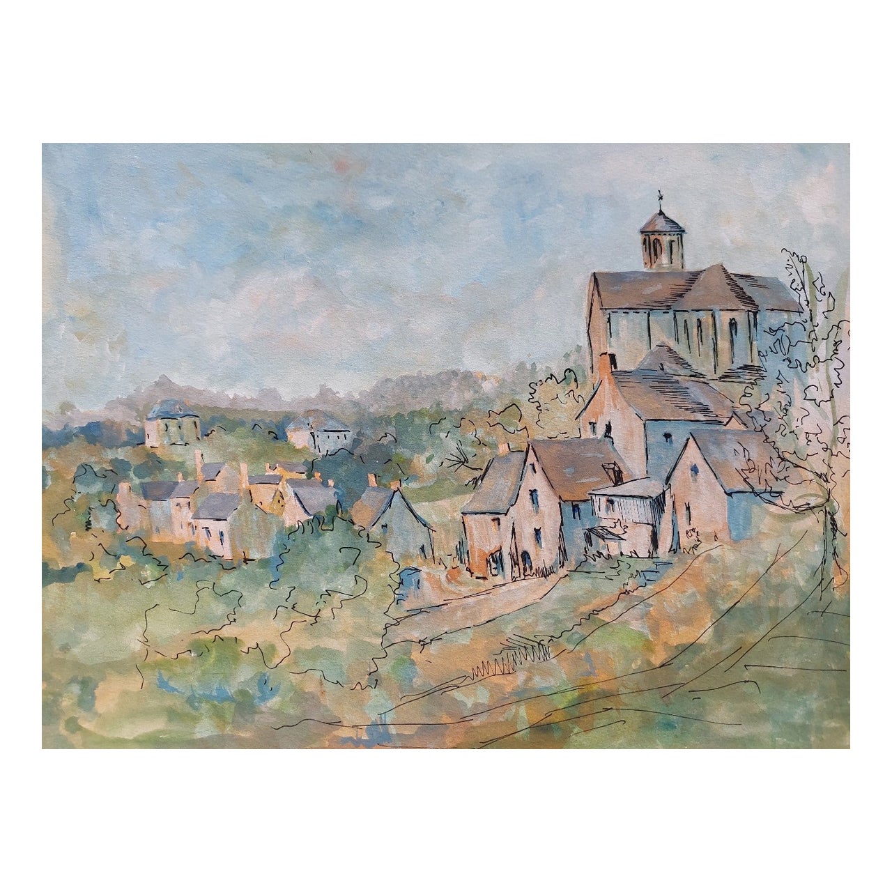 20th Century French Modernist Cubist Painting Labbe, a French Village