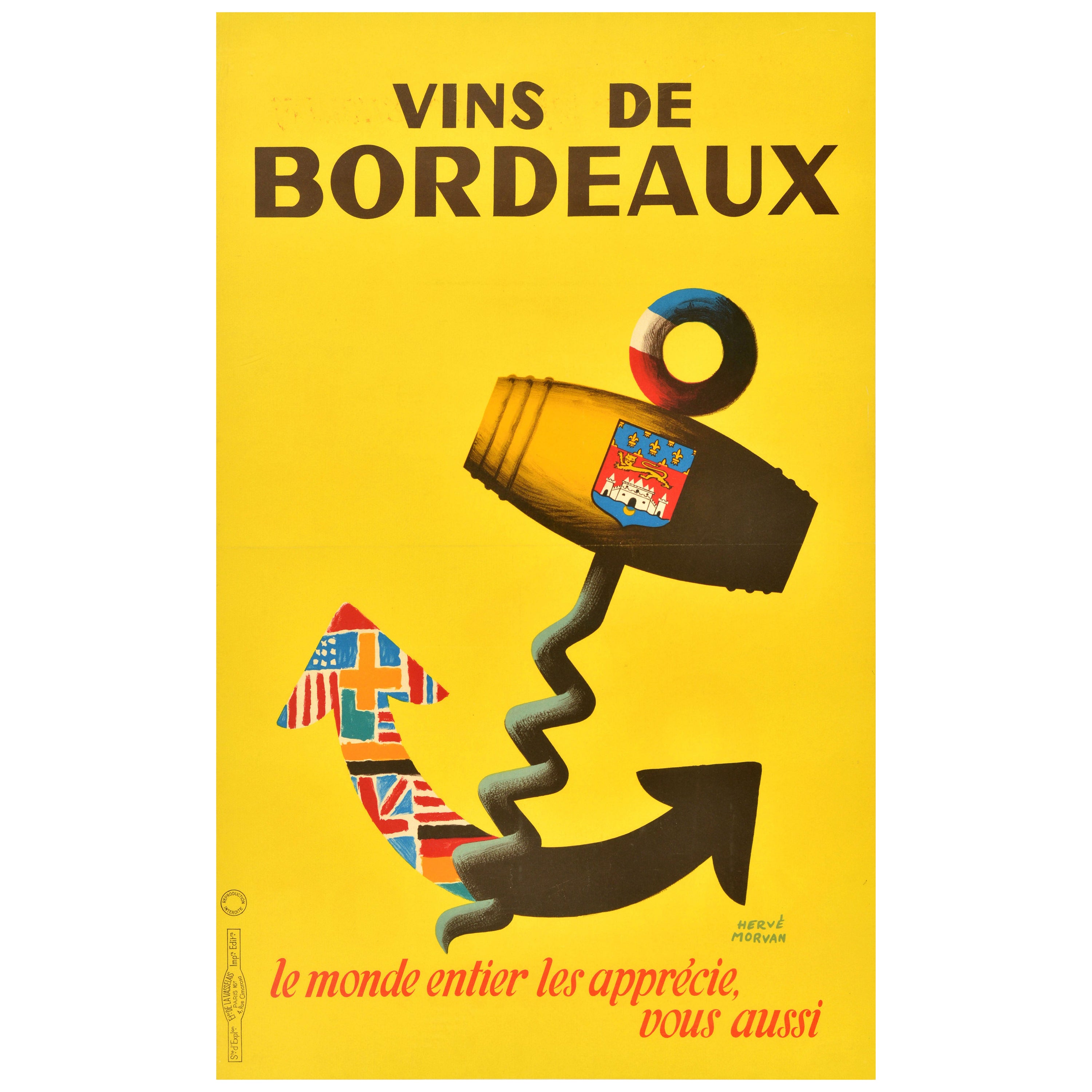 Affiche publicitaire originale vintage pour les boissons, Vins De Bordeaux Wine Anchor Morvan