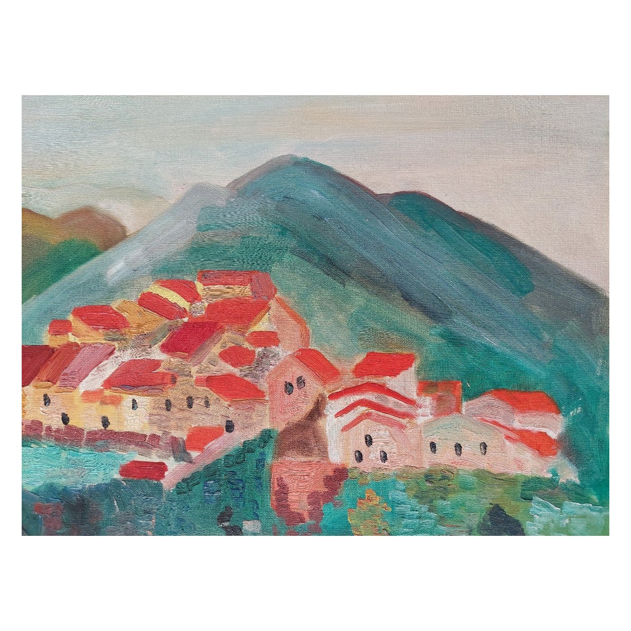 20th Century French Modernist Cubist Painting Labbe, a Village Oil For Sale