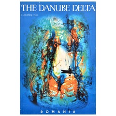 Original Vintage Travel Poster Danube Delta Romania Abstract Design Art River