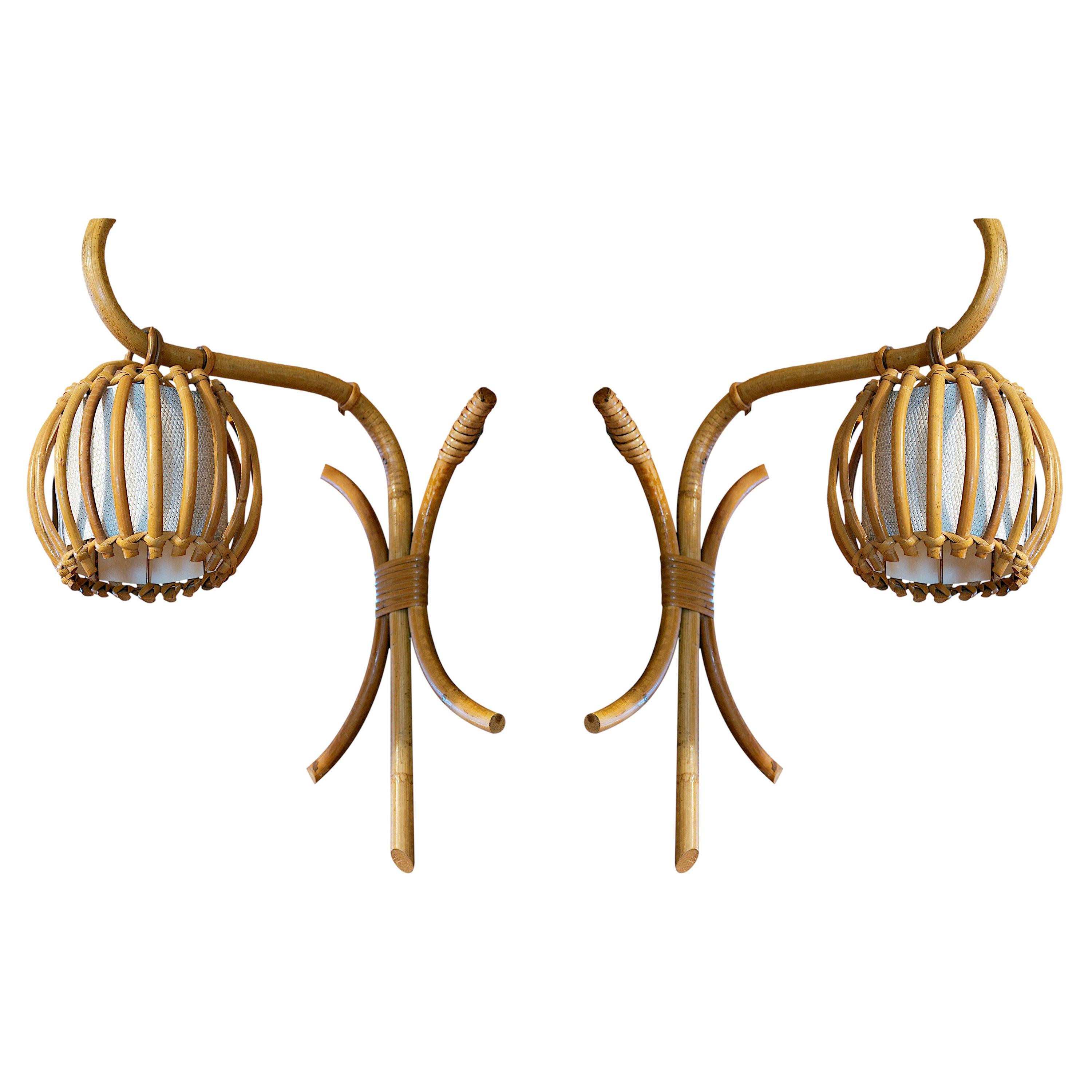 Louis Sognot Pair of Bamboo Wall Sconces, 1950s