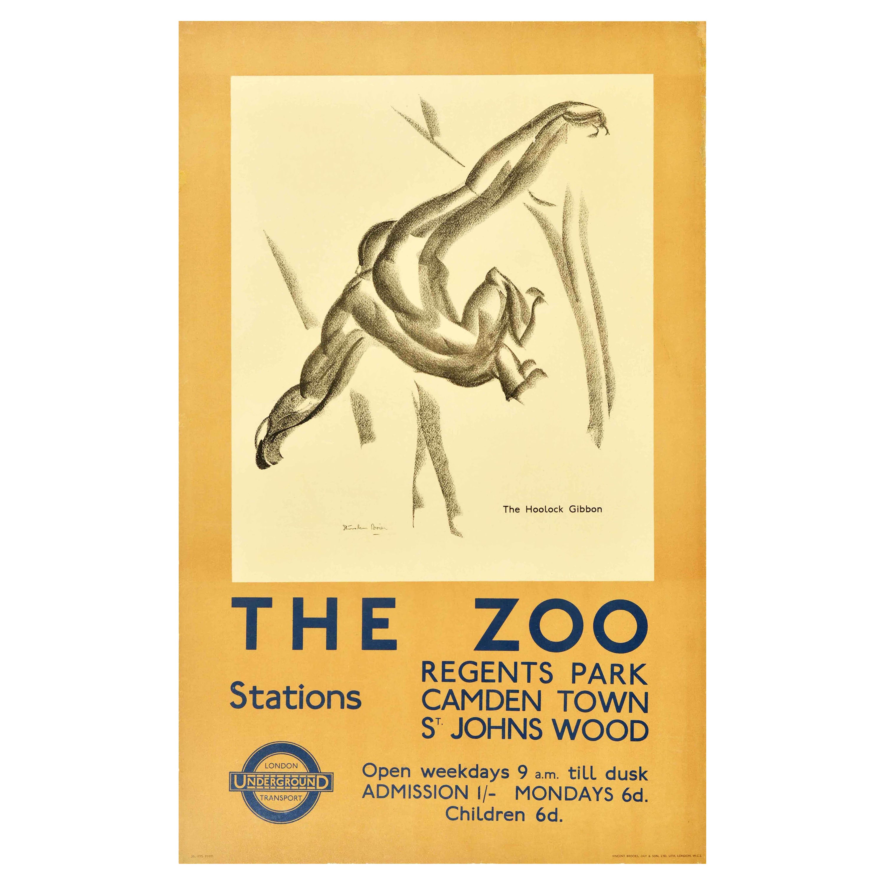 Original Vintage Travel Poster Zoo London Underground Gibbon Stanislaus Brien