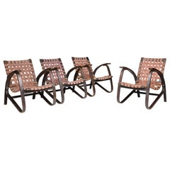 Jan Vaněk Pair of Four Easy Chairs in Bentwood and Canvas Straps, Praque, 1940s