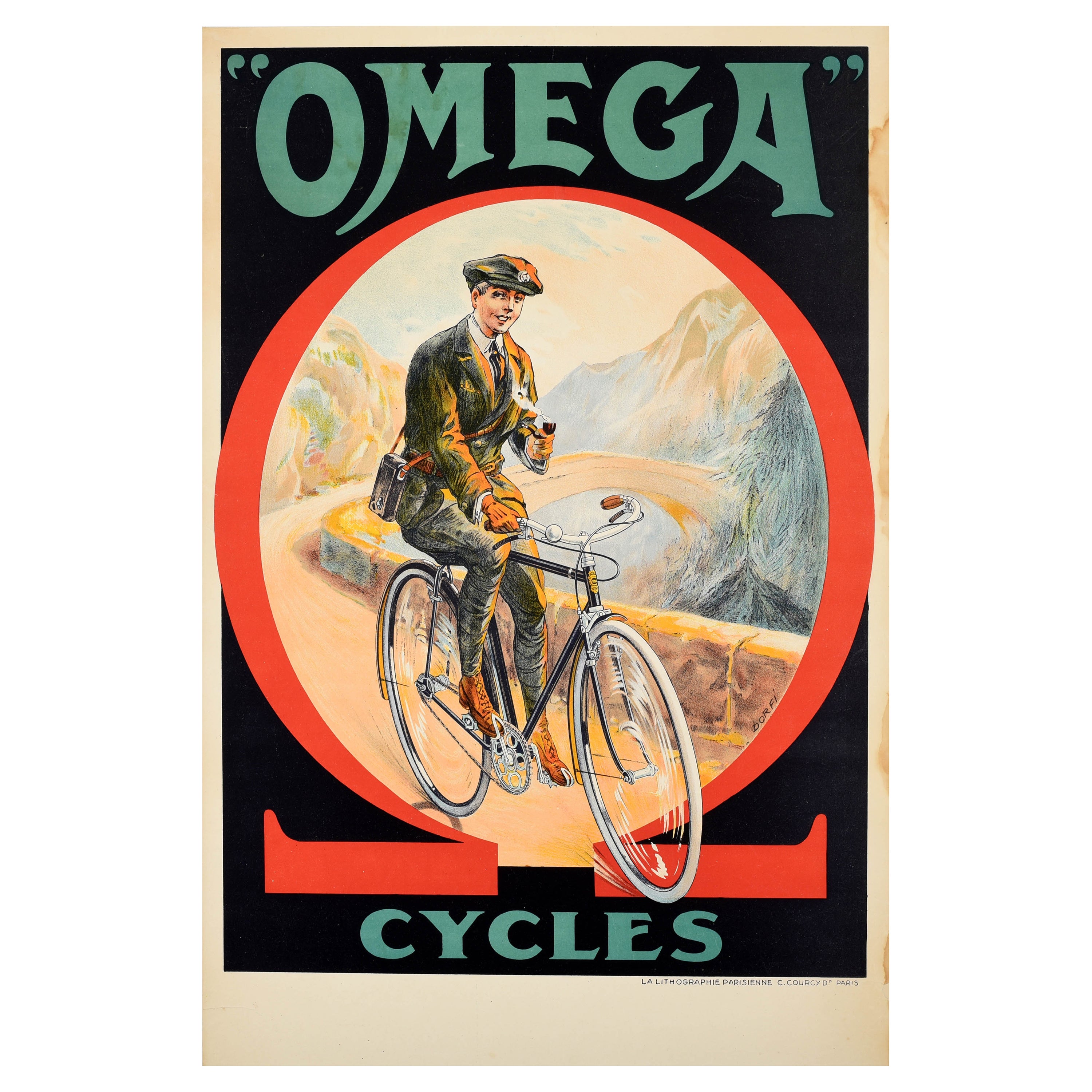 Original-Vintage-Werbeplakat Omega Cycles Dorfinant Fahrraddesign im Angebot
