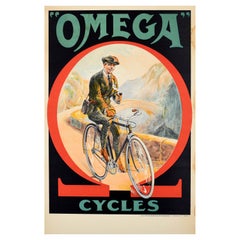 Original Antique Bike Advertising Poster Omega Cycles Dorfinant Bicycle Design