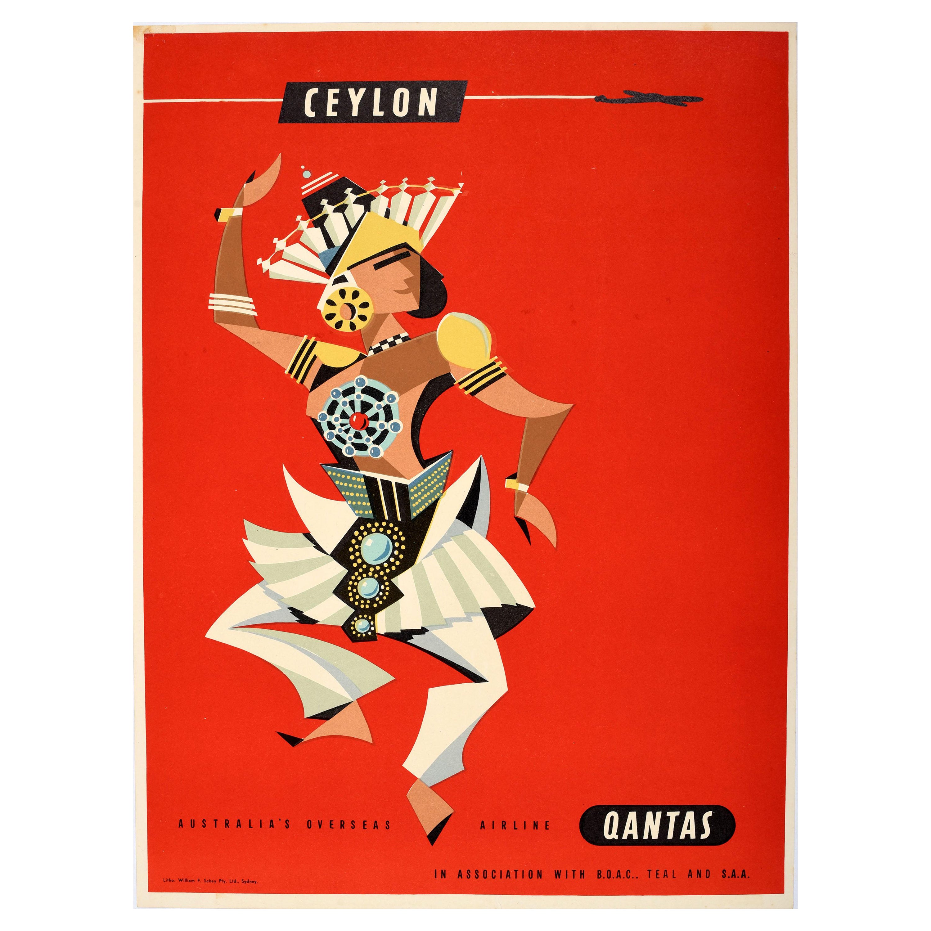 Original Vintage Travel Poster Ceylon Qantas Airline Dancer Harry Rogers Design For Sale