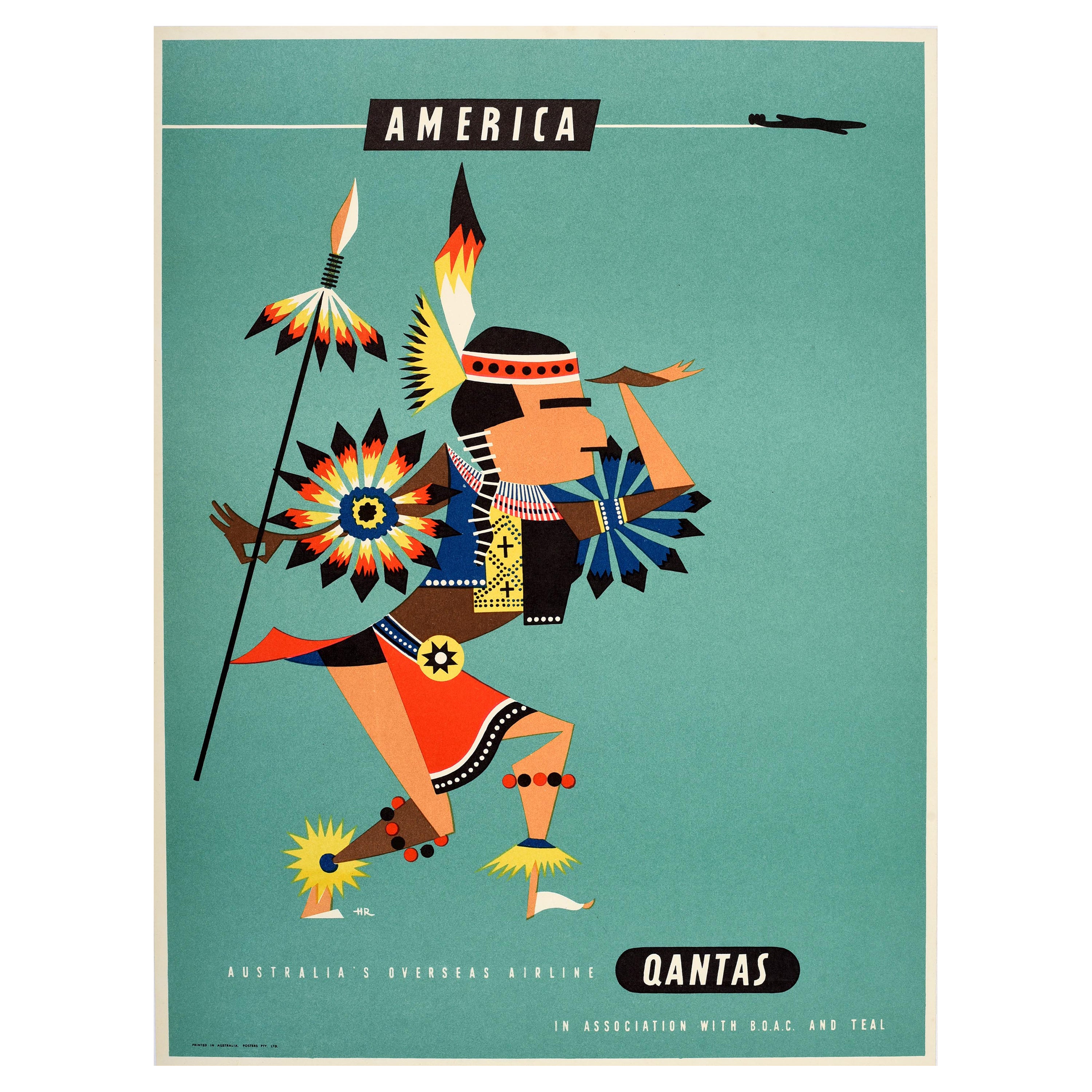 Original Vintage Travel Poster America Qantas Native American Harry Rogers Plane For Sale