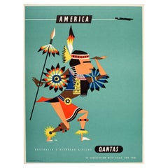 Original Vintage Travel Poster America Qantas Native American Harry Rogers Plane