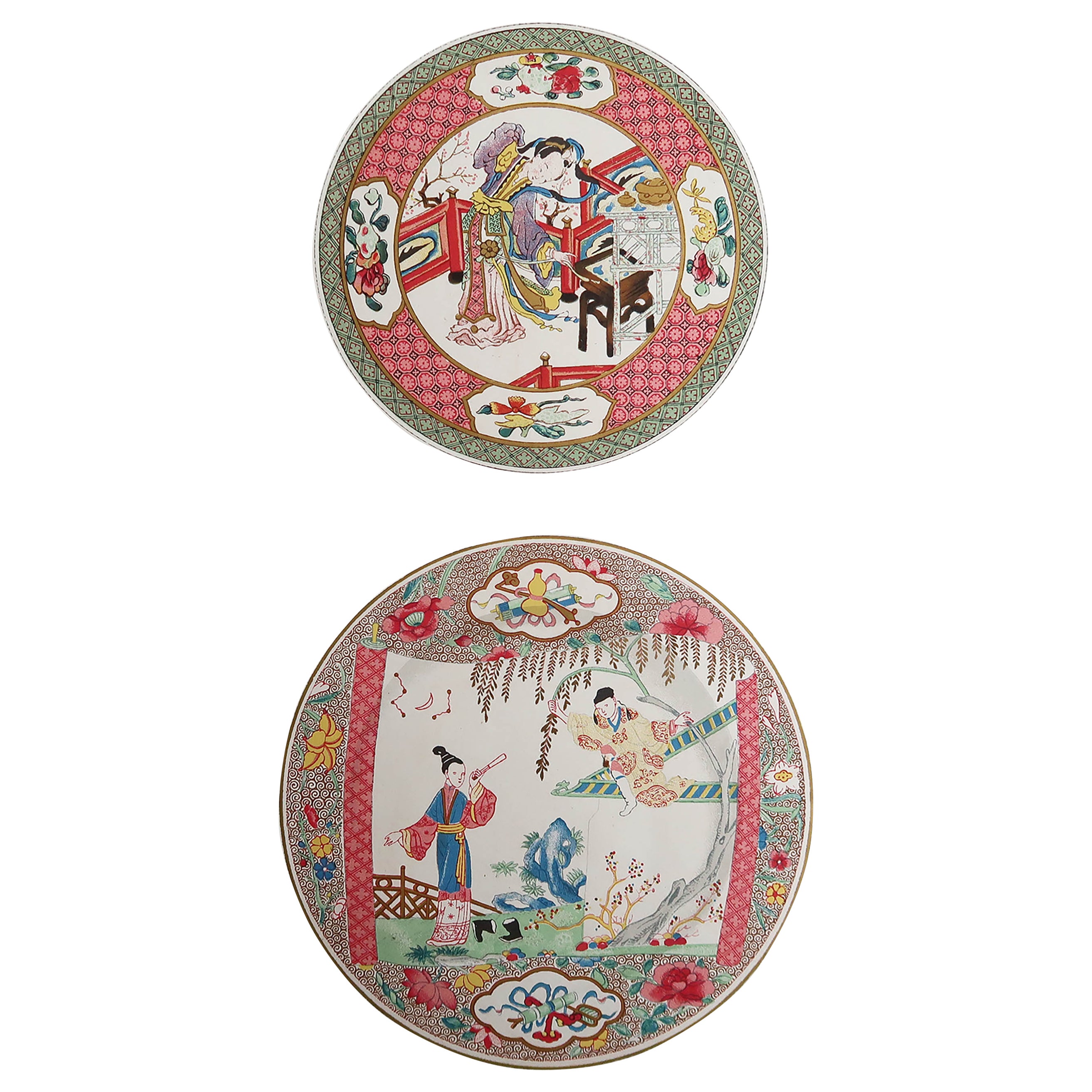 Ein Paar handgemalte Chinoiserie-Spiegel mit gewölbter Oberseite und  abgeschrägten Ecken bei 1stDibs