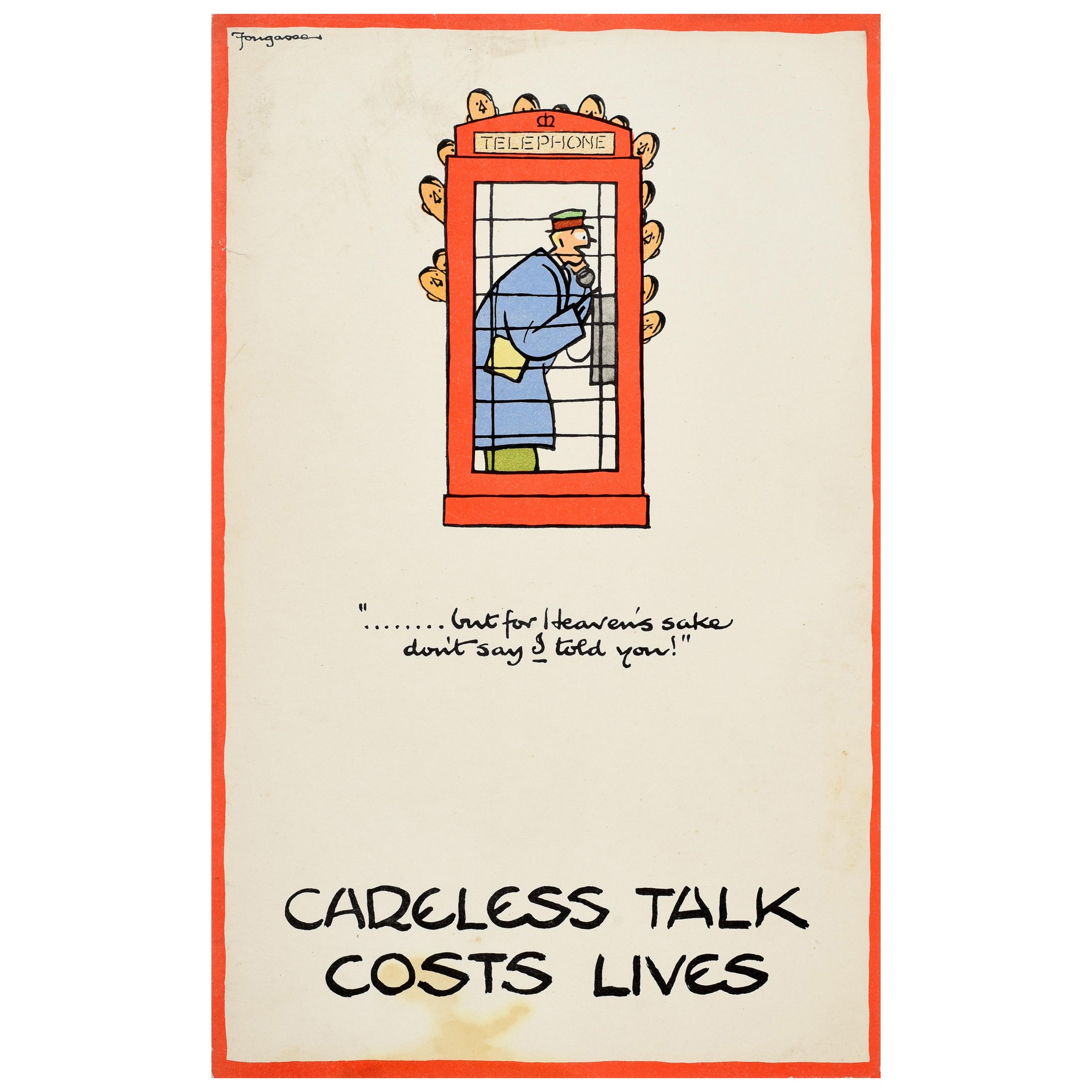 Original Vintage WWII Poster Careless Talk Costs Lives Telephone Box Fougasse For Sale