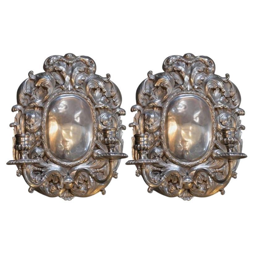 Pair of Bronze Silver Plated Candelabra Sconces For Sale