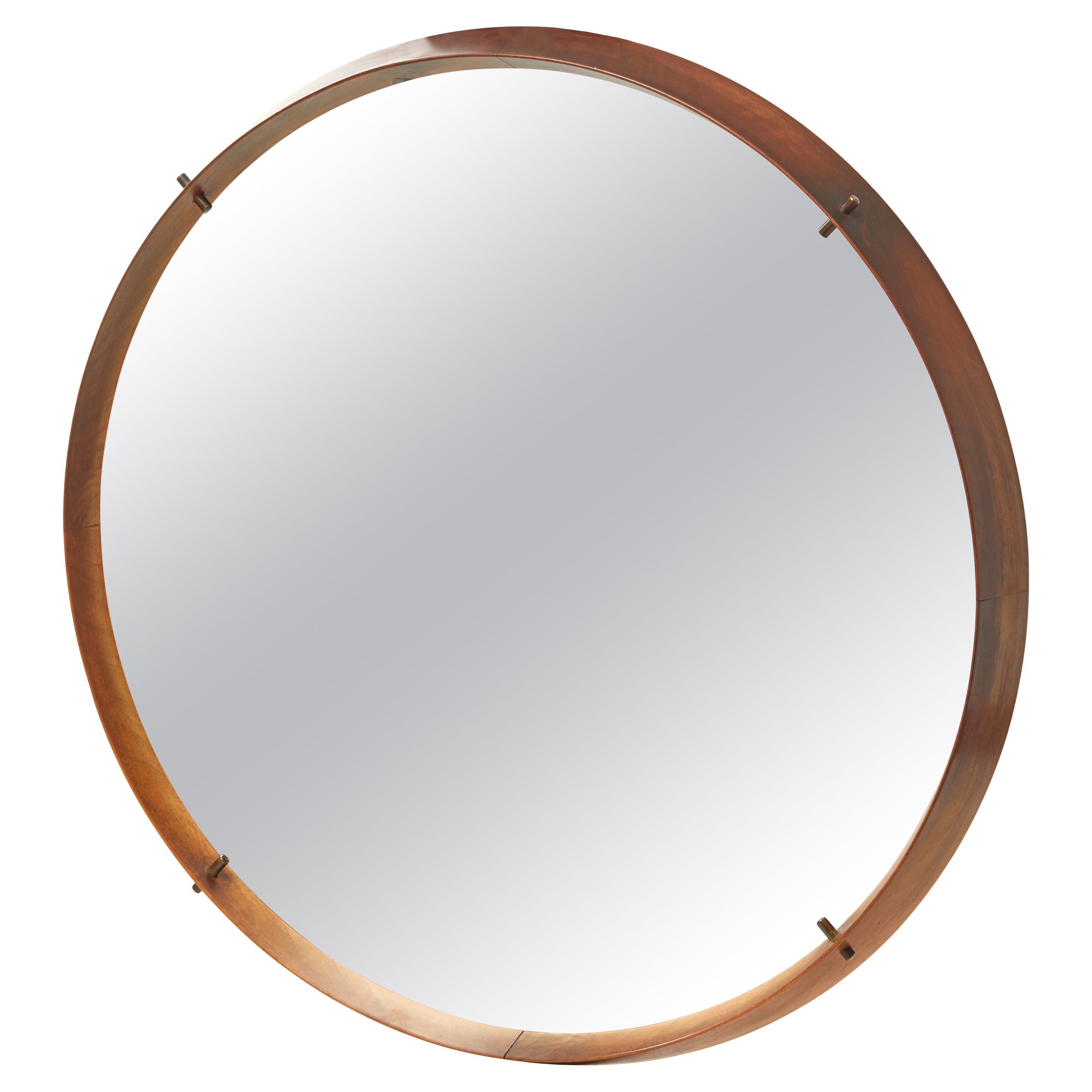 Vintage Italian 1960s Round Wall Mirror Attributed to Cassina, Wood and Brass For Sale