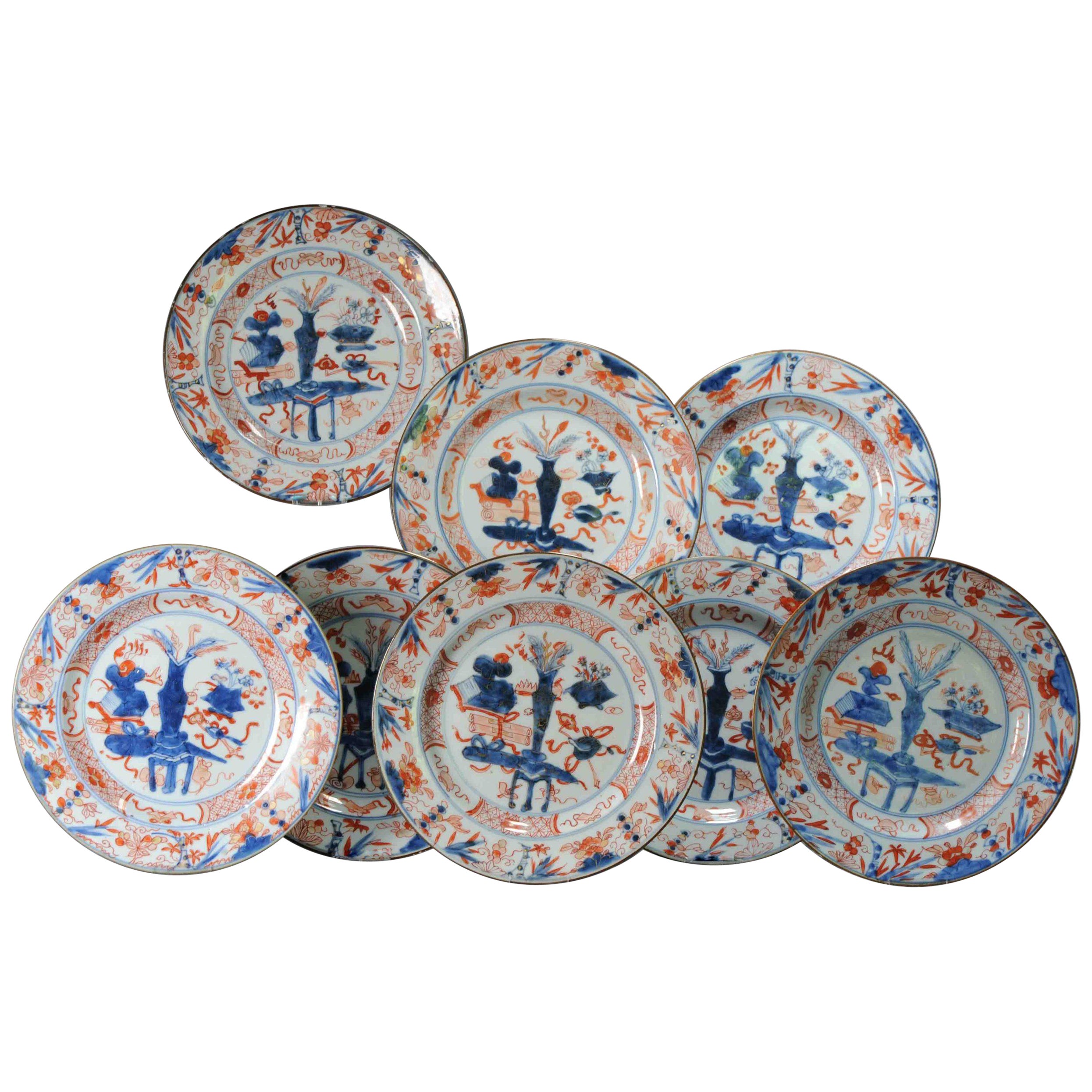 #8 Antique Chinese Porcelain 18th C Qing Period Imari Kangxi Set Dinner Plates For Sale