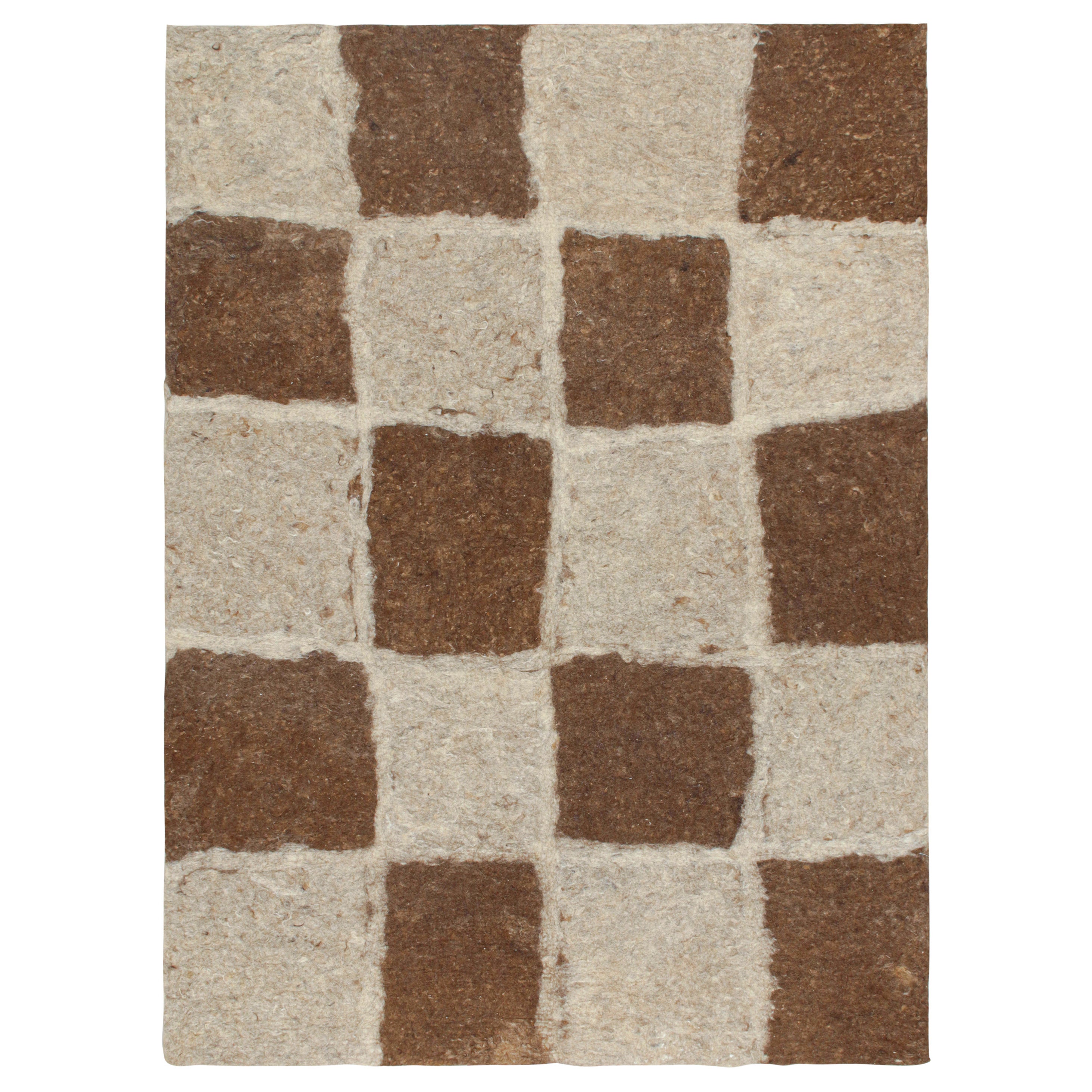 Rug & Kilim’s Contemporary Felted Persian Rug in Beige-Brown Geometric Pattern For Sale