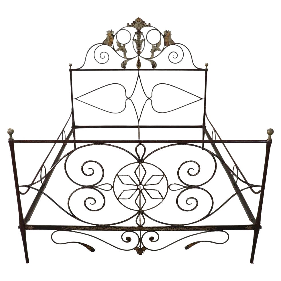 Early 19th Century Italian Antique Iron Large Single Bed with Hand Paintings For Sale