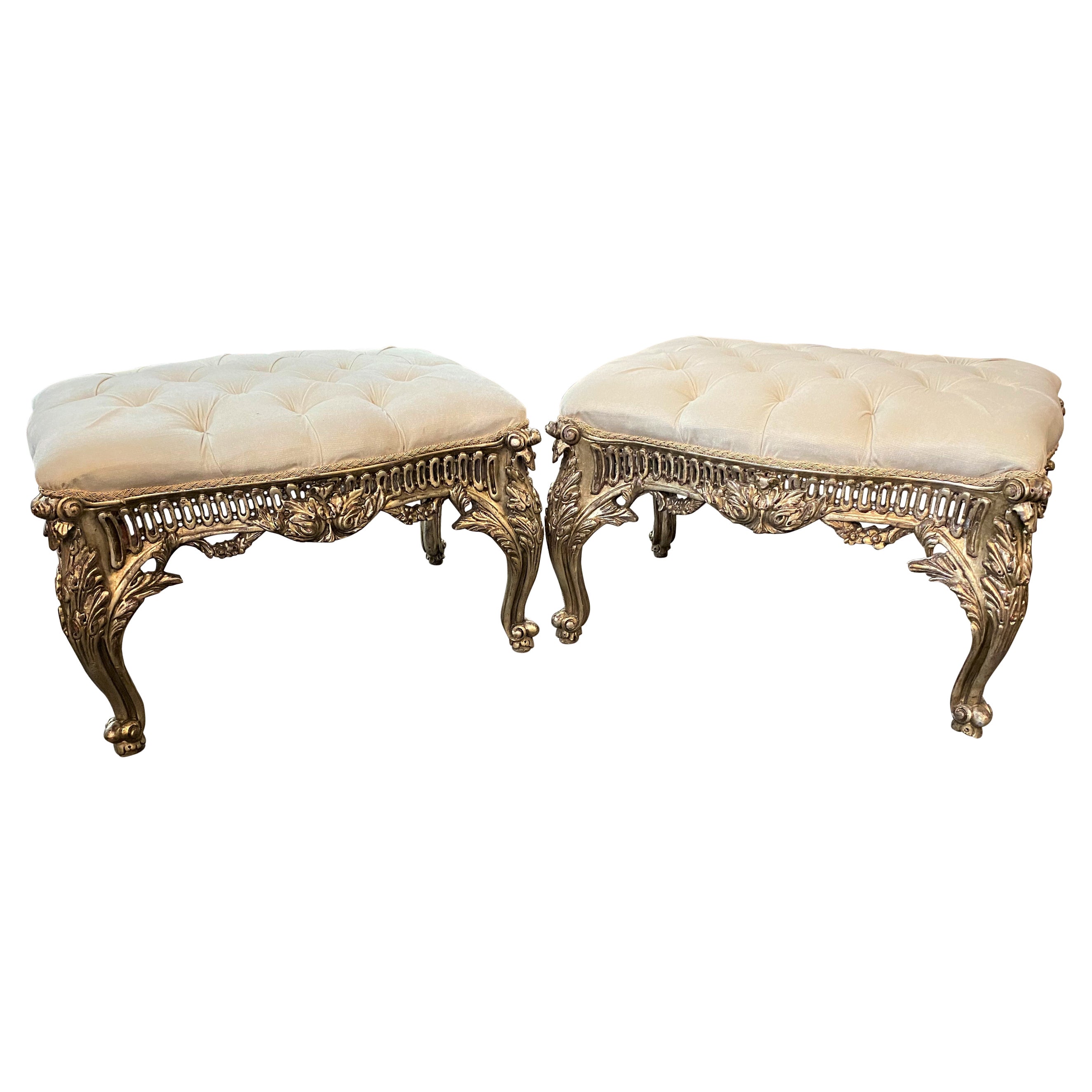 Pair of Baroque or Rococo Style Pierce Carved Silvered Ottomans For Sale