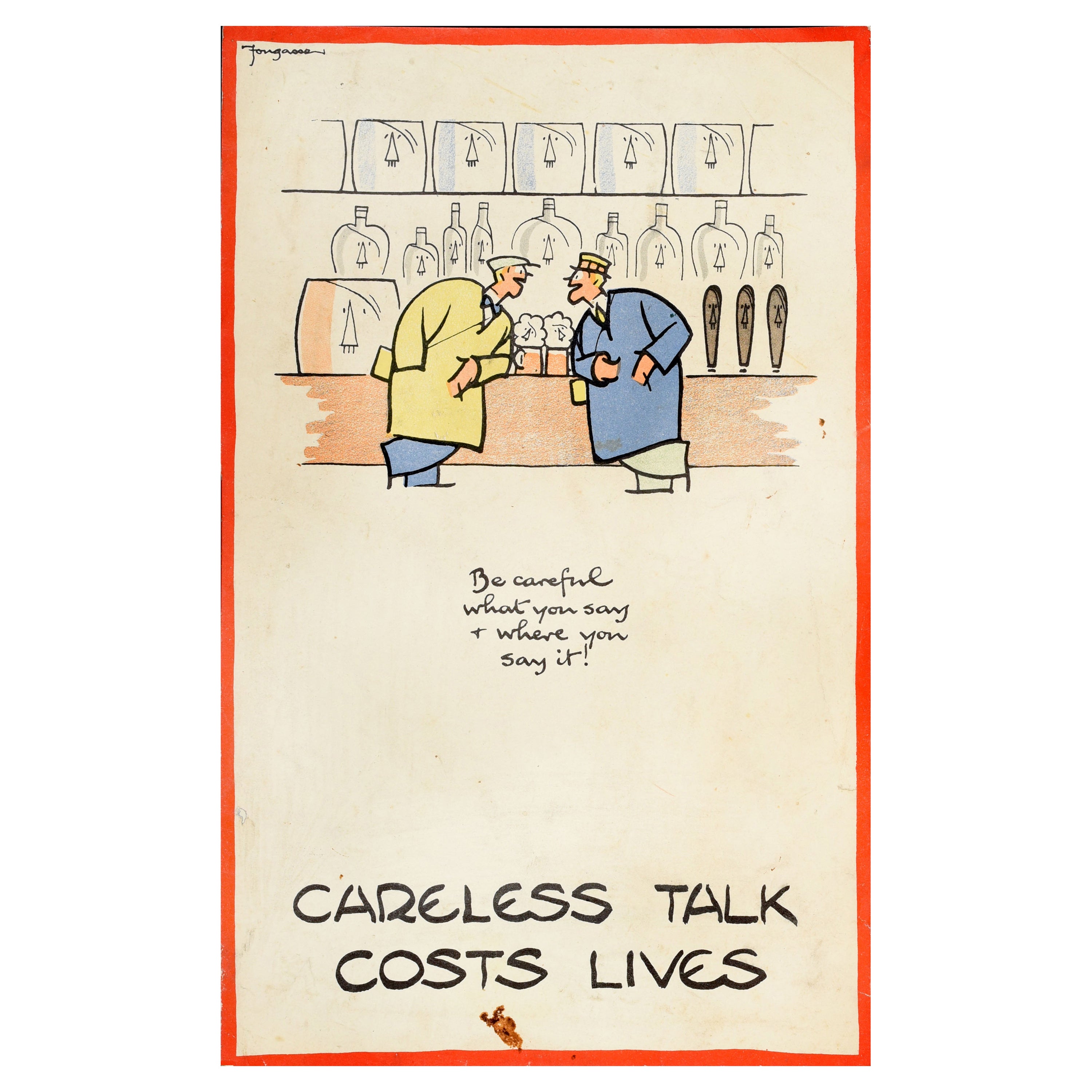 Affiche vintage d'origine de la Seconde Guerre mondiale - « Careless Talk Costs Lives » - Pub Fougasse Hitler