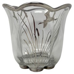 Estate Art Deco Cut Crystal & Silver Birds & Cattails Overlay Ice Bucket, c 1930