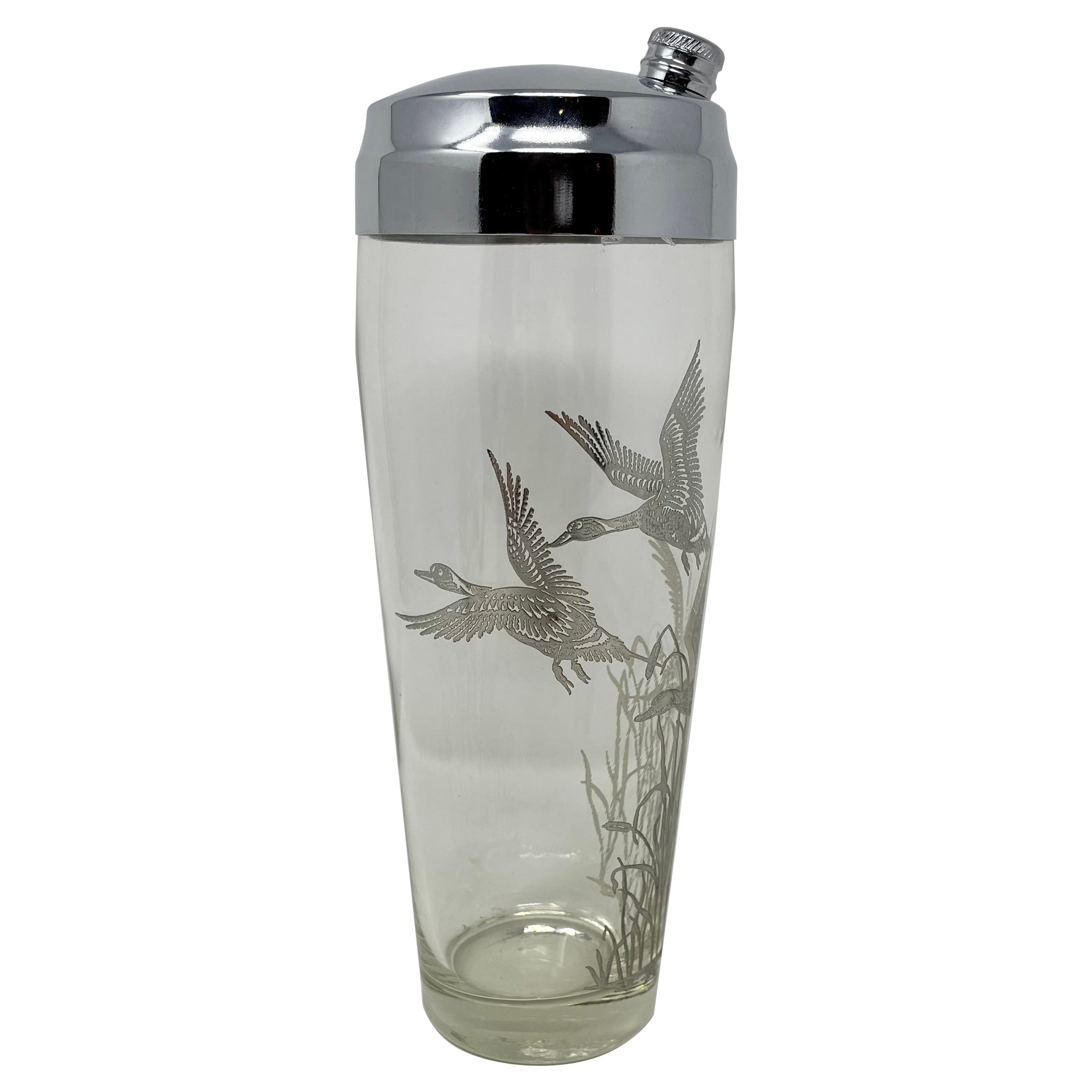 Estate Retro Cut Crystal & Silver Overlay Cocktail Shaker with Ducks, circa 1950