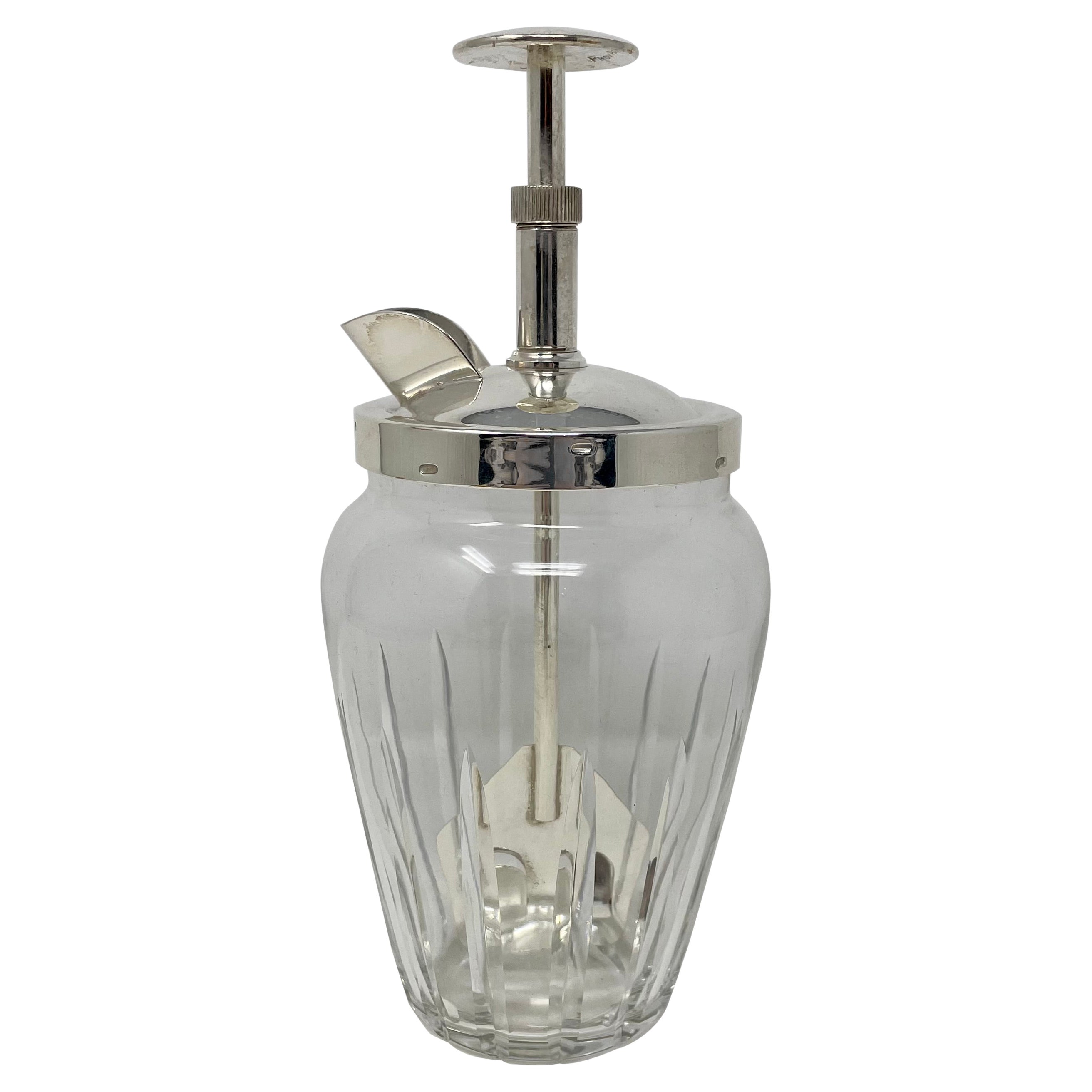 Shaker à cocktail Rapid Art Déco en métal argenté et cristal taillé, vers 1930 en vente