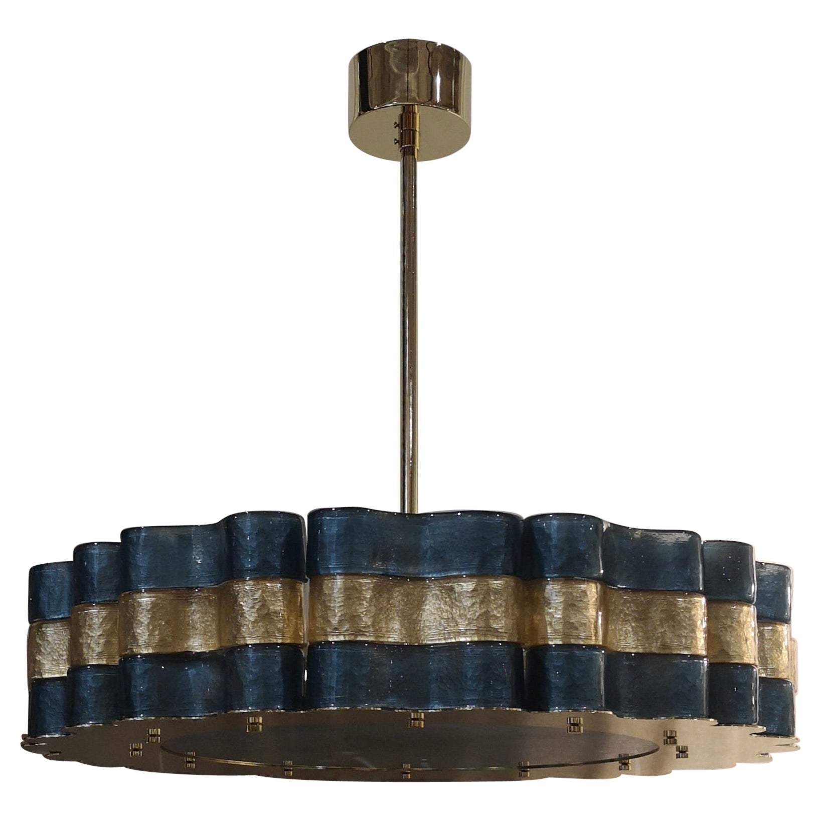 Murano Round Art Glass Blu and Gold Italian Chandelier, 2020