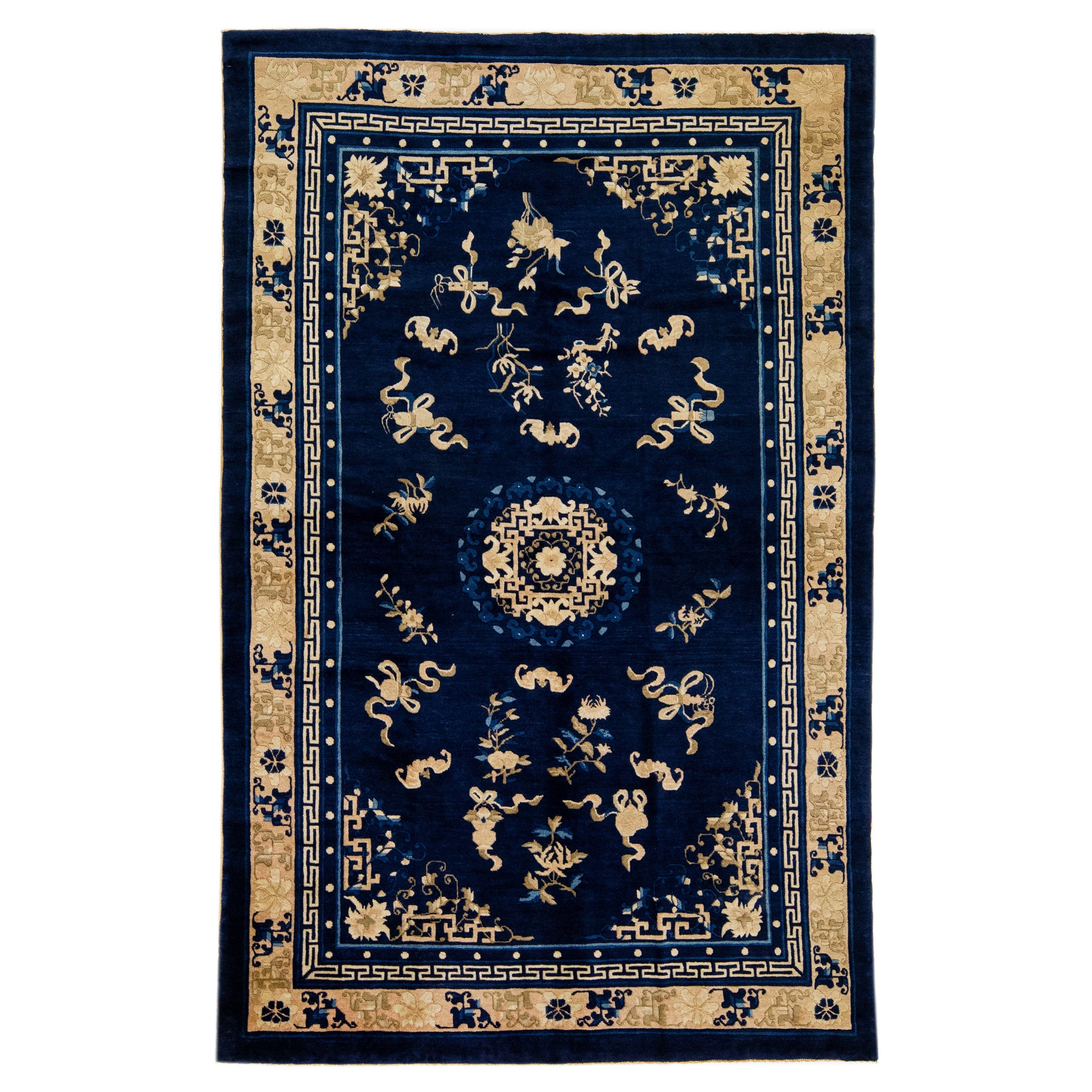 1920s Antique Chinese Peking Wool Rug Handmade Blue with Classic Floral Design For Sale
