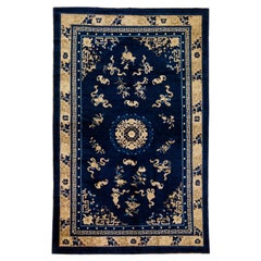 1920s Antique Chinese Peking Wool Rug Handmade Blue with Classic Floral Design