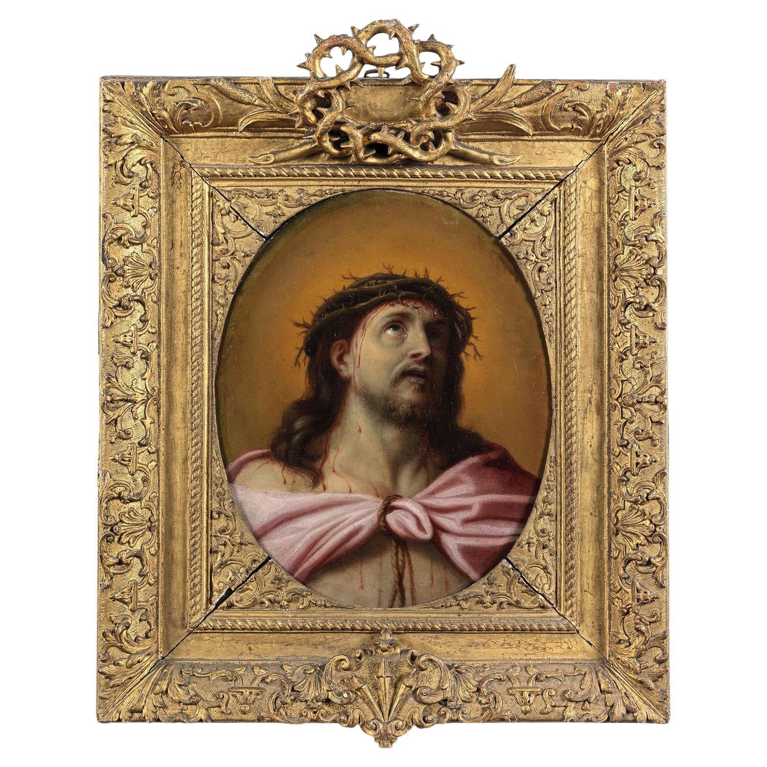 Italian 17th Century Oil on Canvas Head of Christ Crowned with Thorns, Mignard For Sale