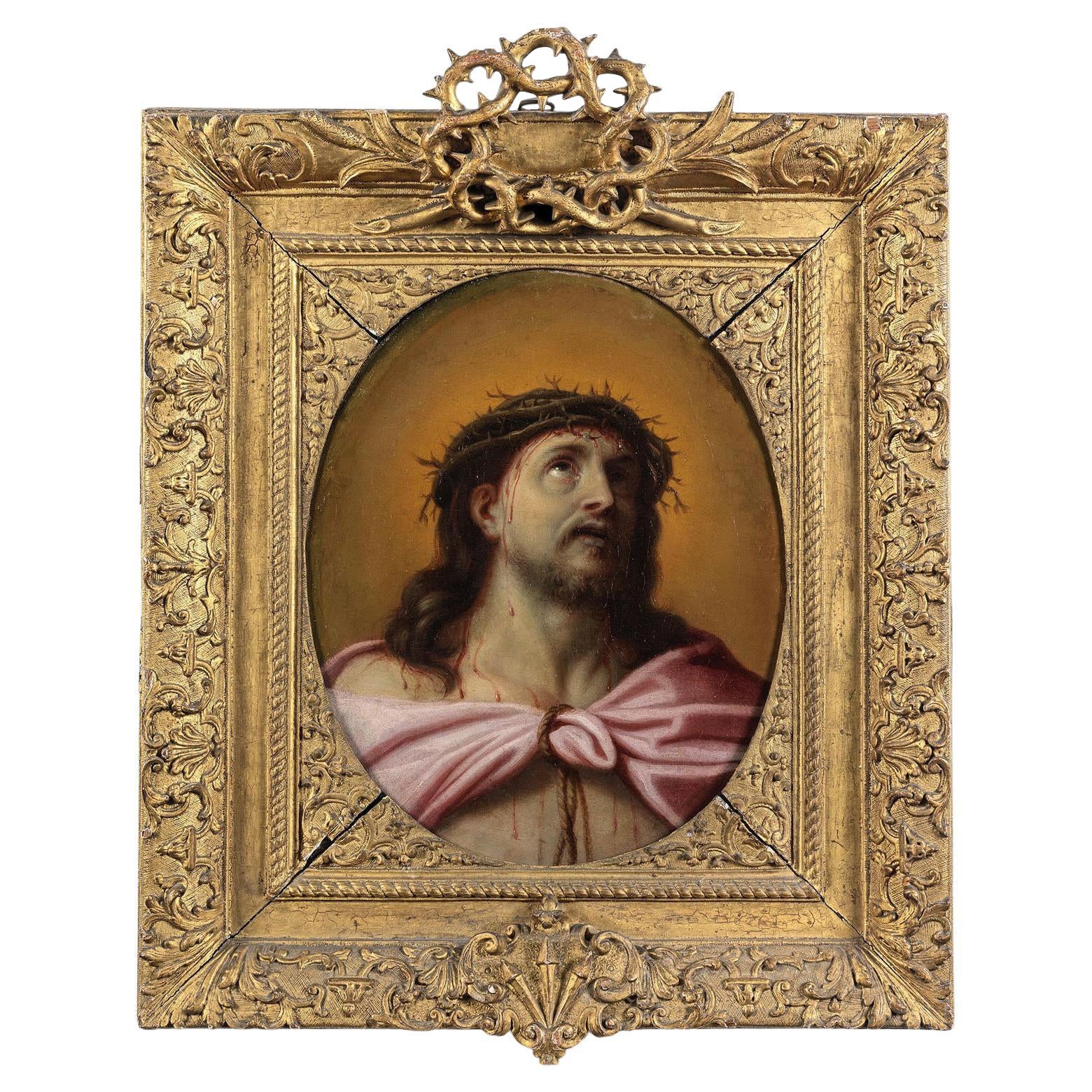Olio su tela del XVII secolo Testa di Cristo incoronata di spine, Mignard in vendita