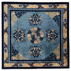 Medallion Handmade Antique Chinese Peking Square Wool Rug in Blue