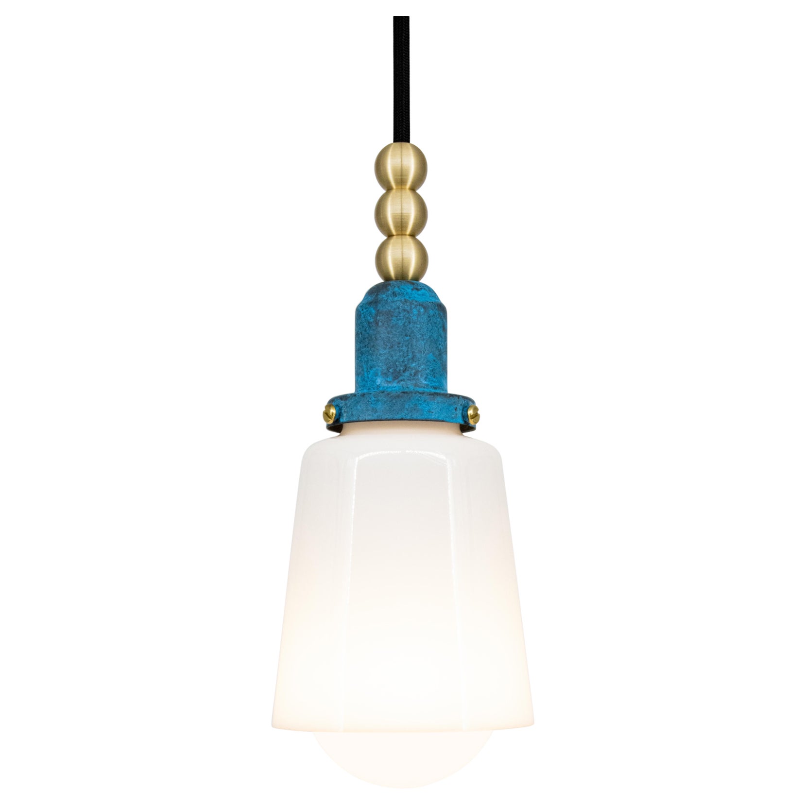 Therese Pendant Light with Hand Blow White Glass & Prussian Blue and Satin Brass