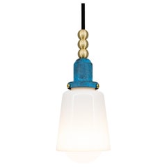 Therese Pendant Light with Hand Blow White Glass & Prussian Blue and Satin Brass