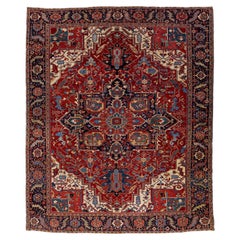 Antique Persian Heriz Wool Rug Handmade with Red Medallion Design