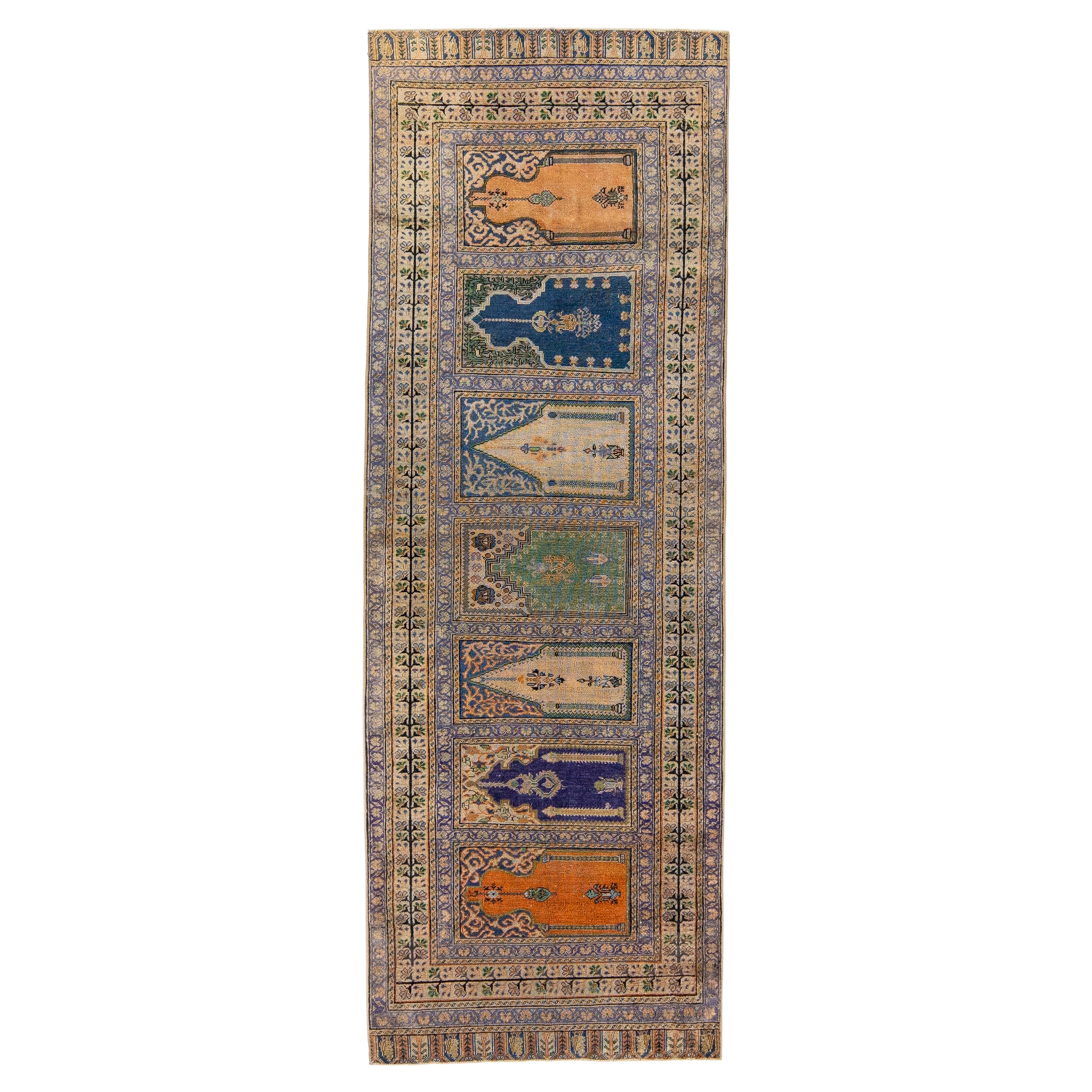 Midcentury Vintage Kasari Silk Runner Handmade with Allover Multicolor Motif For Sale