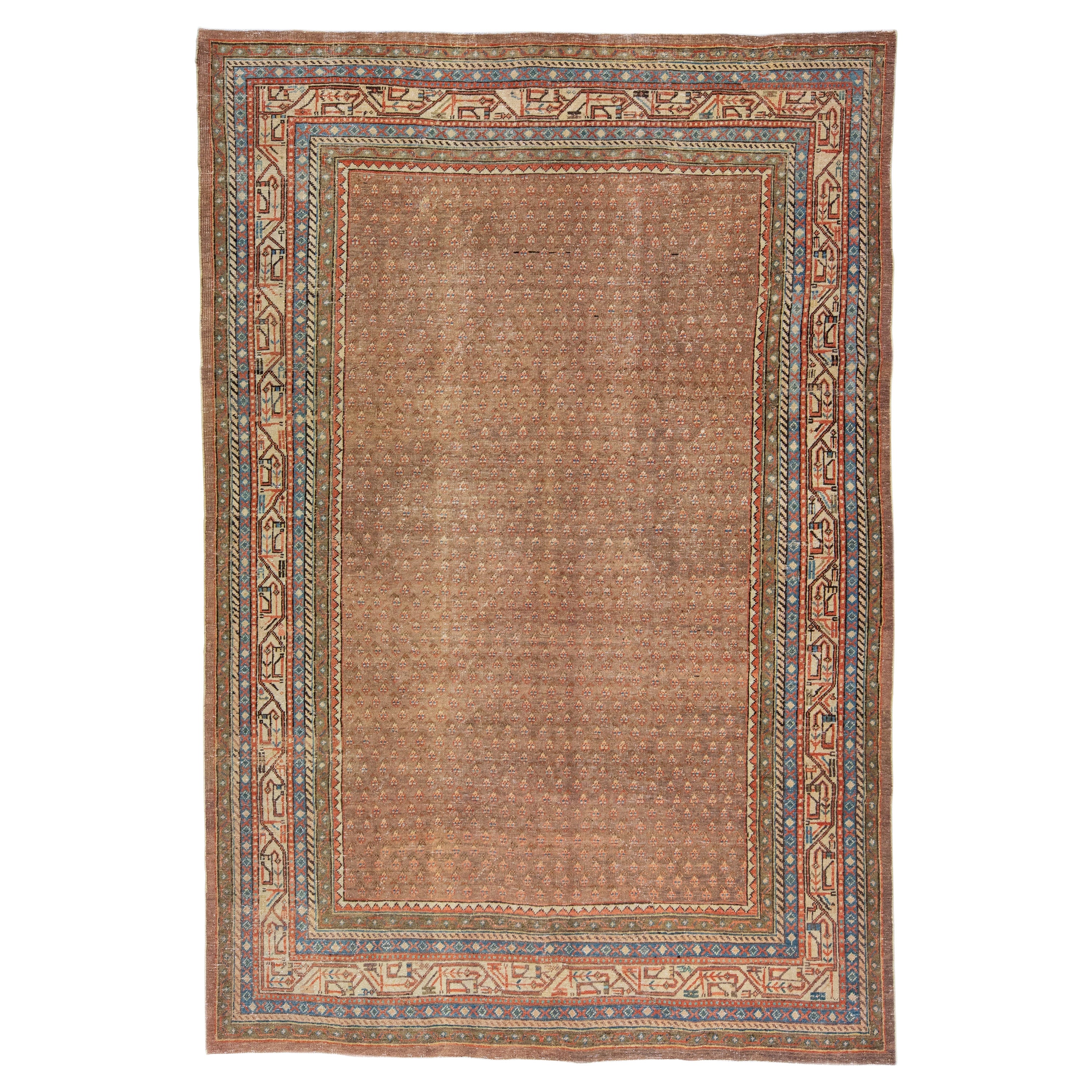 Tan Handmade Antique Hamadan Wool Rug with Allover Design For Sale