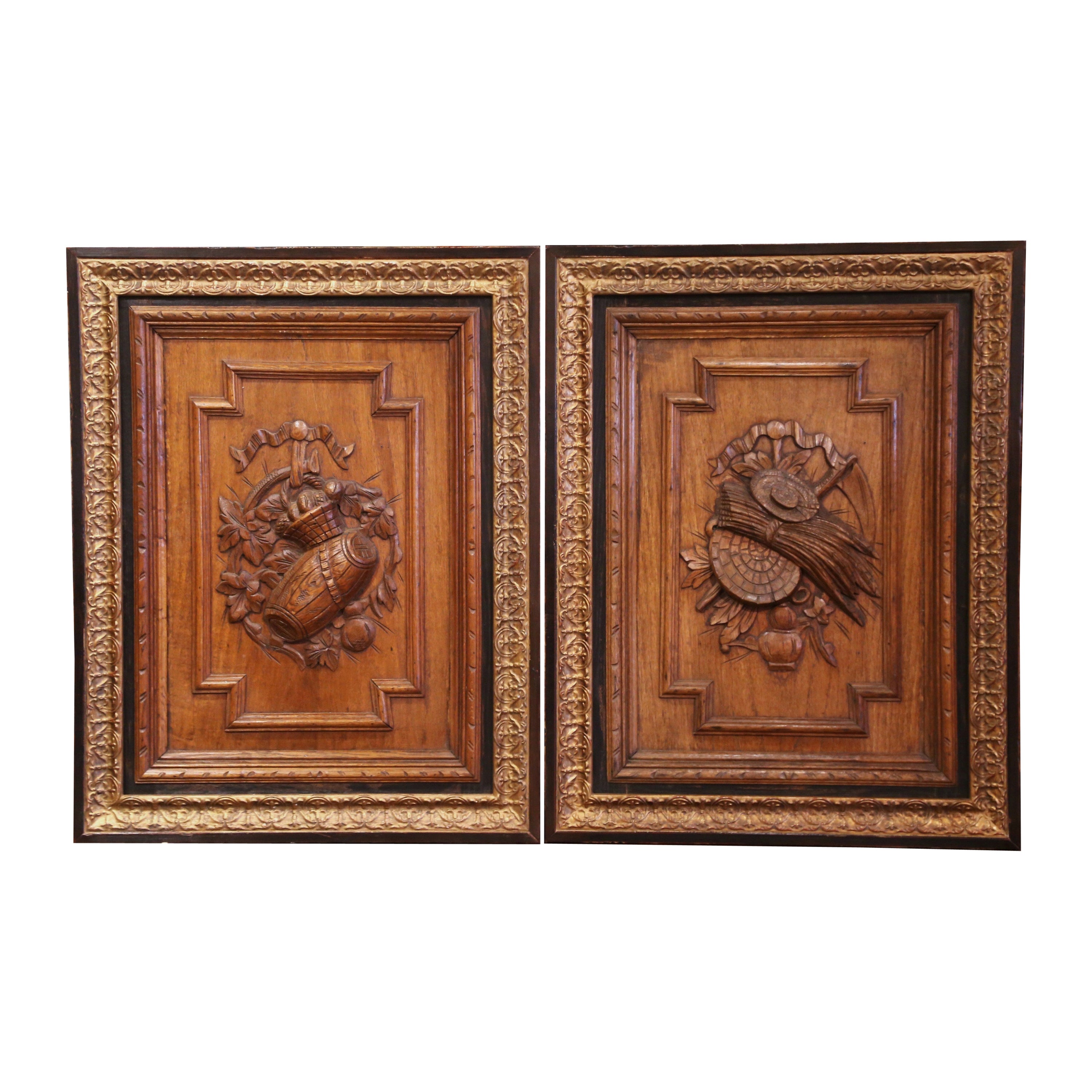 Pair of 19th Century, French Carved Oak Wall Door Panels in Gilt Frames For Sale